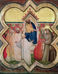 Die Feuerprobe, St. Franziskus bietet an, durch Feuer zu gehen, um den Sultan von Ägypten zu bekehren, 1219